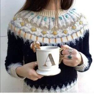 Anthropologie Sleeping on Snow Beaded Fair Isle Embellished Sweater Small